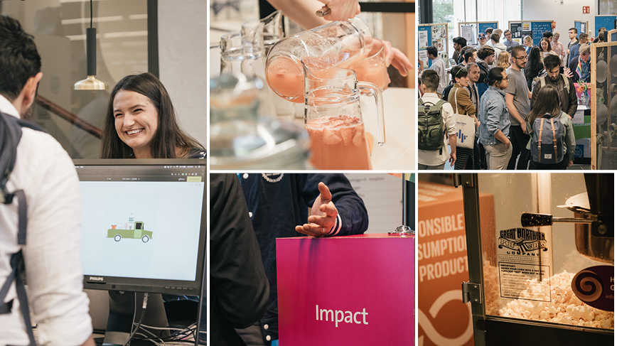 Collage of people interacting, drinks being pored and groups of people