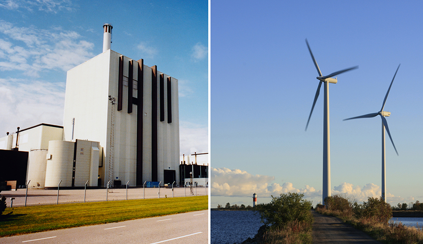 Montage med exteriör på kärnkraftverk och två vindsnurror i landskap vid vatten.