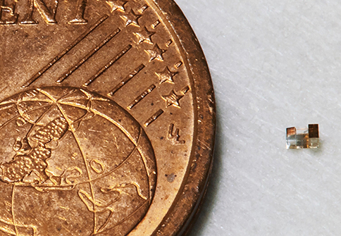 A 2 cent coin appears hundreds of times larger than a small electronic chip