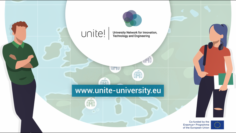 Teckning av två studenter vid en karta över Europa och med Unite!:s logotyp och webbadress.