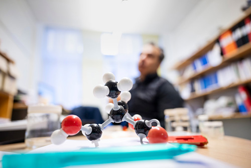 Modell av molekyler placerat på ett bord, i bakgrunden syns en person.