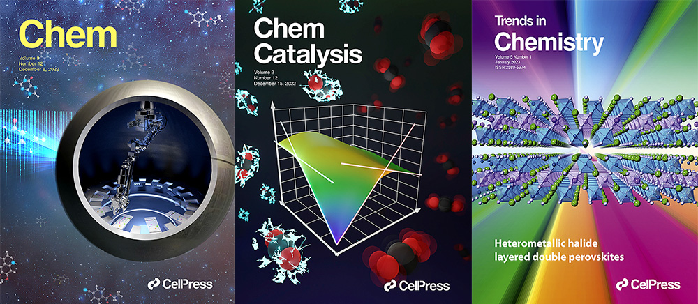Tidskriftsomslag för Chem, Chem Catalysis och Trends in Chemistry