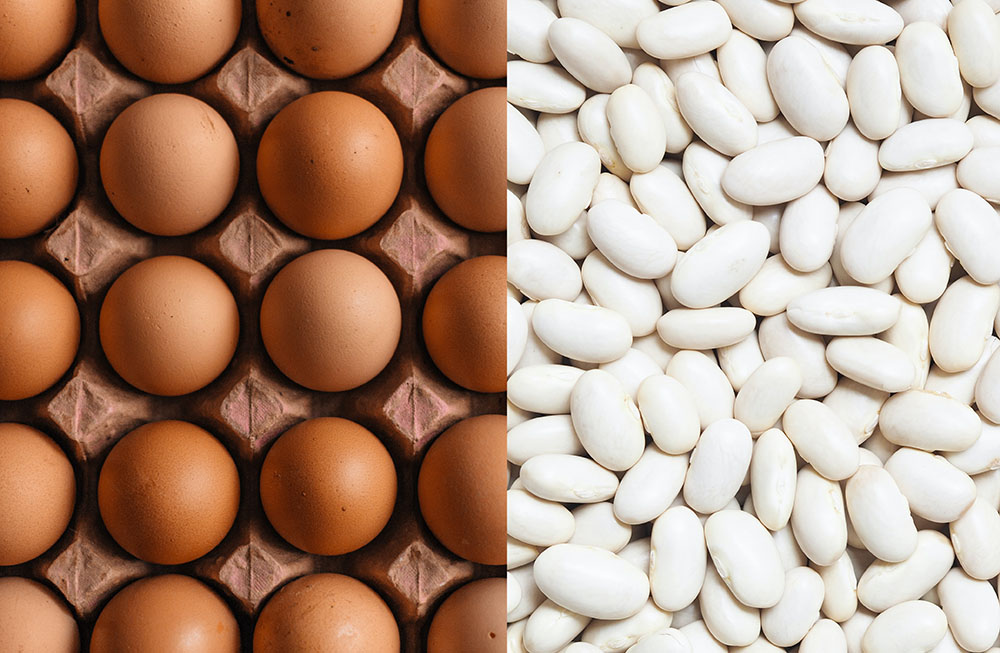 Bruna ägg ovanifrån i en äggkarton samt vita bönor.