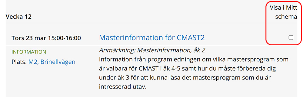 Skärmdump som visar en kalenderhändelse under en programwebb