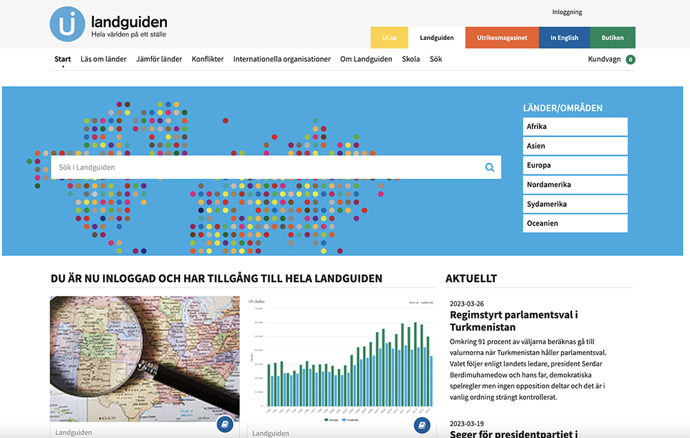 Landguidens platform with search bar and articles.