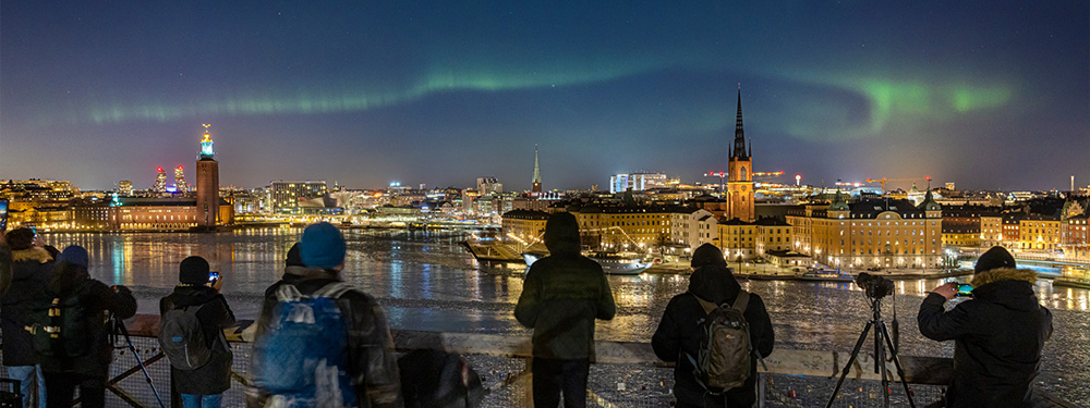 Aurora borealis in central Stockholm during winter.
