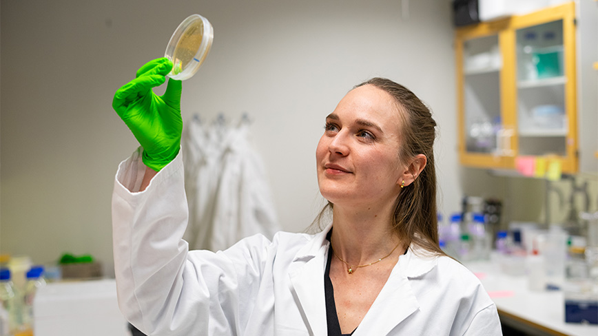 Researcher in lab holding a petri dish. 