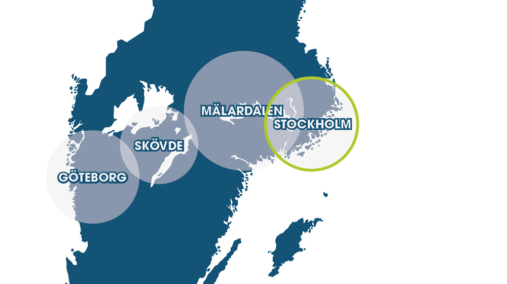 Sverigekarta med de fyra nodernas placering utmärkta.