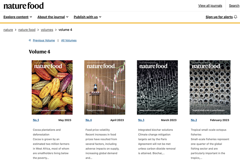 Skärmbild från tidskriften Nature Food med de senaste fyra utgivna numren.