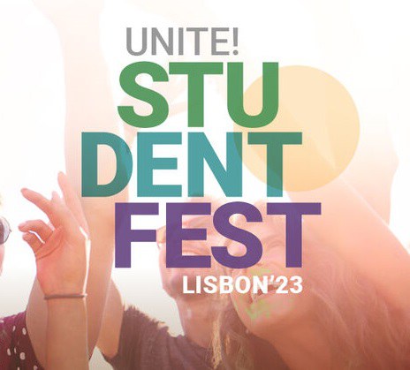 Texten "Unite! student fest Lisbon '23" med ett par ansikten och händer i bakgrunden