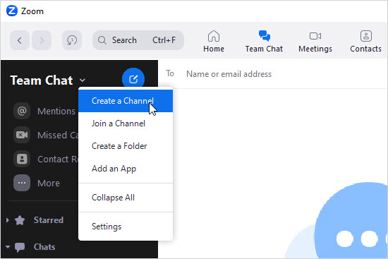 Skärmdump: "Create a Channel" alternativ är markerad.