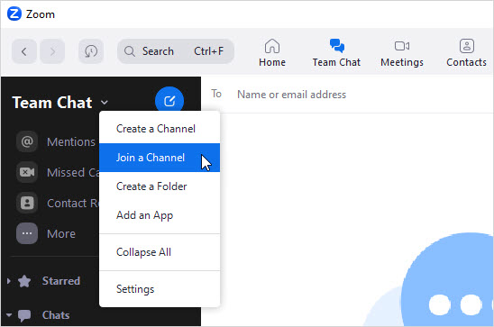 Screenshot: Join a Channel is highlighted