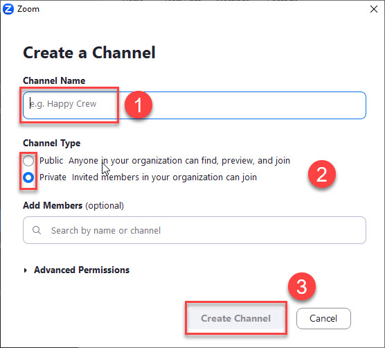 Skärmdump: Fält där man skriver kanalnamnet och om den är privat samt "Create Channel" är markerade.