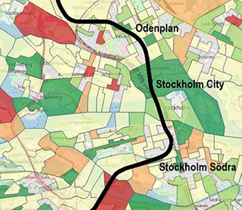 Karta över Stockholm visar segregation med hjälp av olika nyanser av rött och grönt.