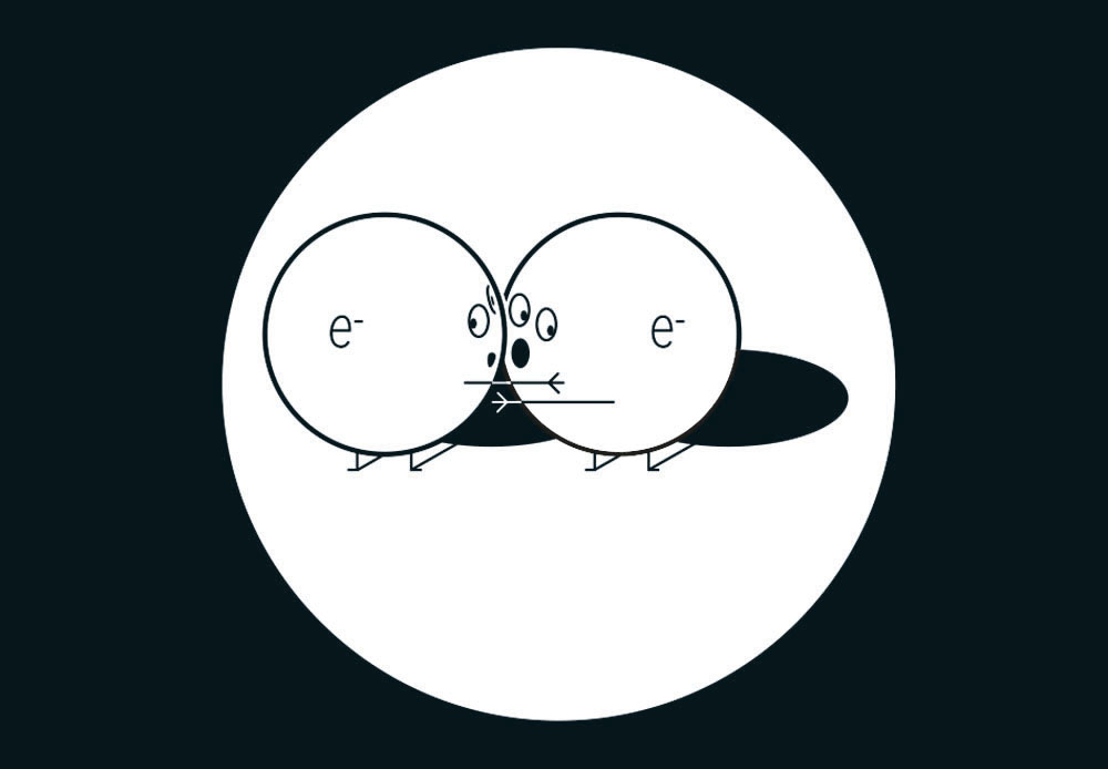 Tecknad bild på två elektroner som kramas