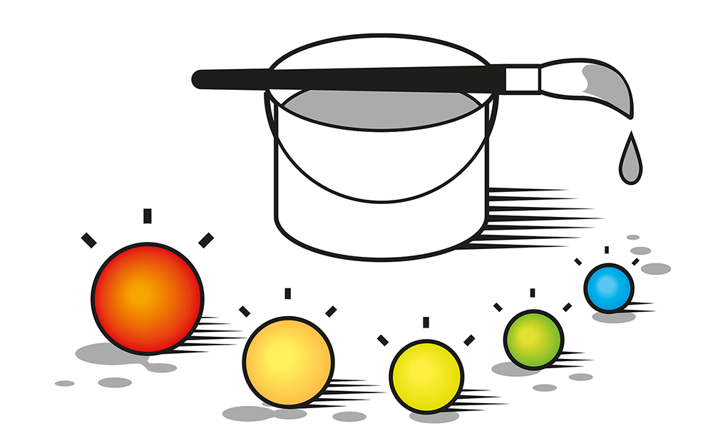 Illustration med hink med färg, pensel och bollar i olika färger.