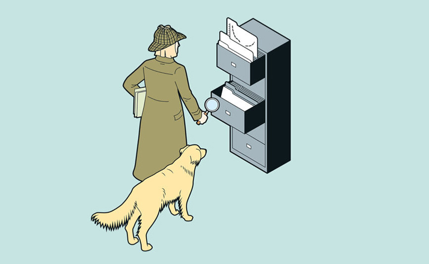 Tecknad bild av kvinna med hund som söker igenom papper i en arkivlåda