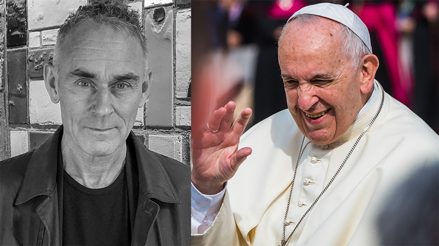 Två fotografier, ett på Sverker Sörlin och ett på påven där påven vinkar.