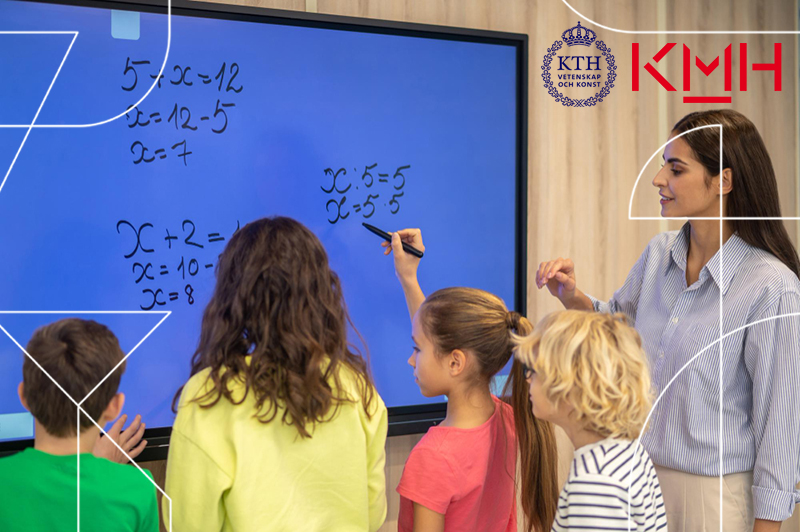 Lärare med barn vid en digital tavla KTH & KMH logotyp på