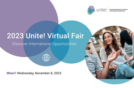 Text: 2023 Unite! Virtual Fair - Discover international opportunities