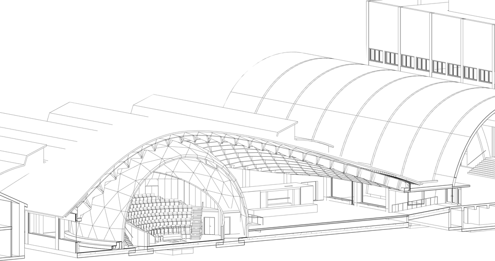 Illustration av byggnad med kupolformat rum och böljande taklinje