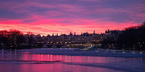 Sunset with skyline view in pink and purple