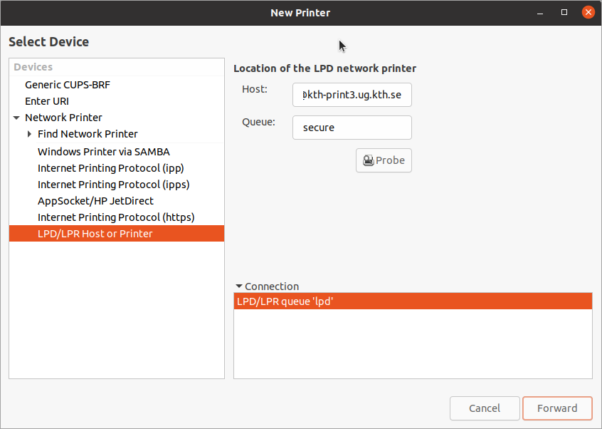 Adding a new printer, host and queue settings.