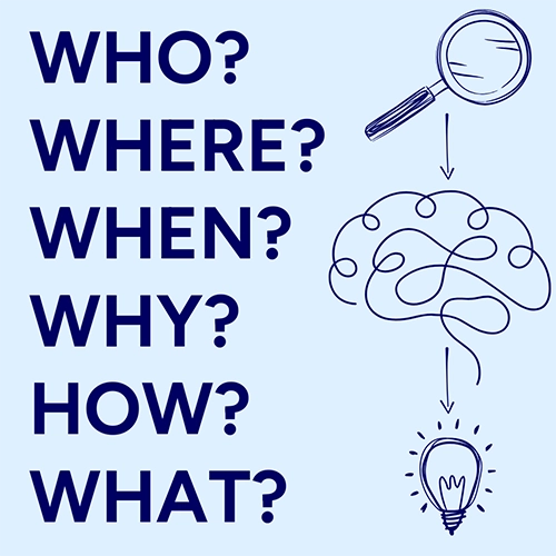 Six questions to use in critical thinking: Who? Where? When? Why? How? What?