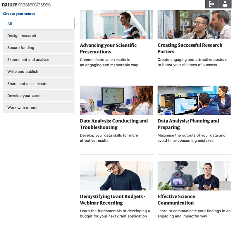 Screenshot of the platform Nature Masterclasses where a selection of the courses offered are shown.