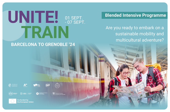 A male and a female student studying a map outside a train.