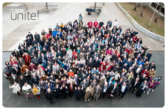 A large group of people seen from above at an angle