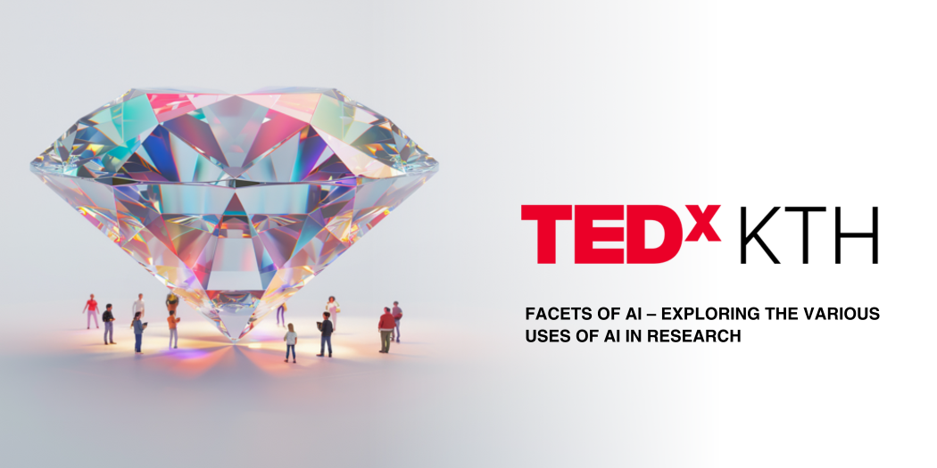 A diamond that people are looking at. Text TEDx. The image is made with AI tool Midjourney.