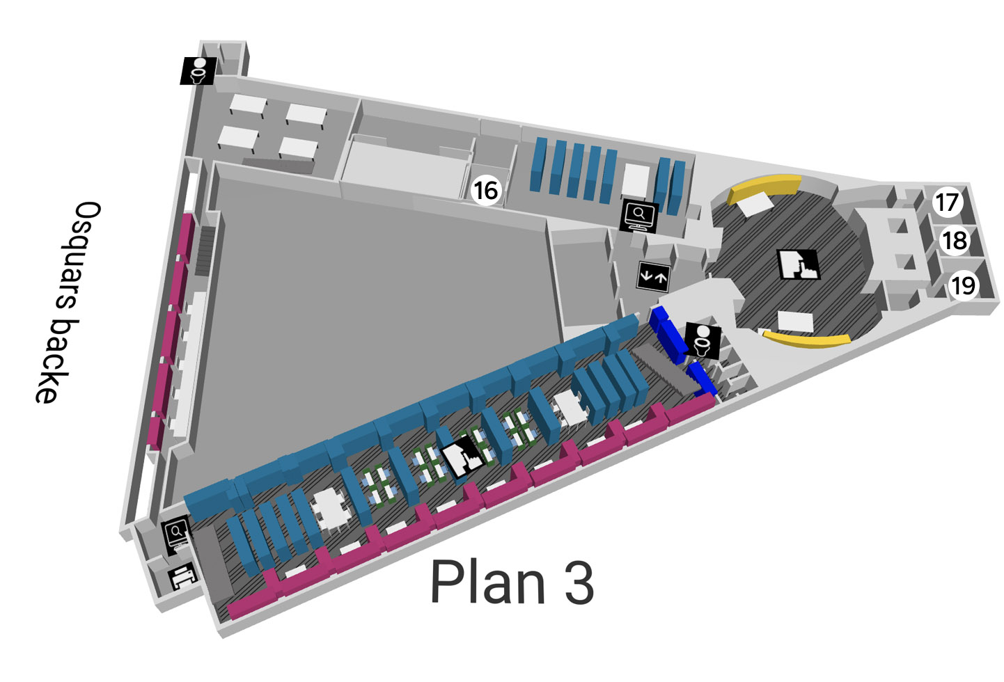 Kartbild över biblioteket med grupprummens placering, plan 3. 