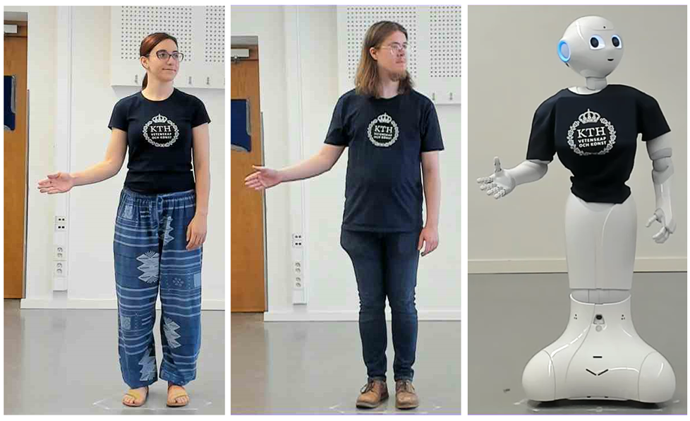 Robot mimics movement of two humans.