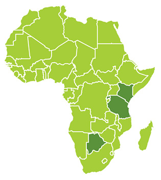 Map of Africa with Kenya, Rwanda, Tanzania and Botswana highlighted.