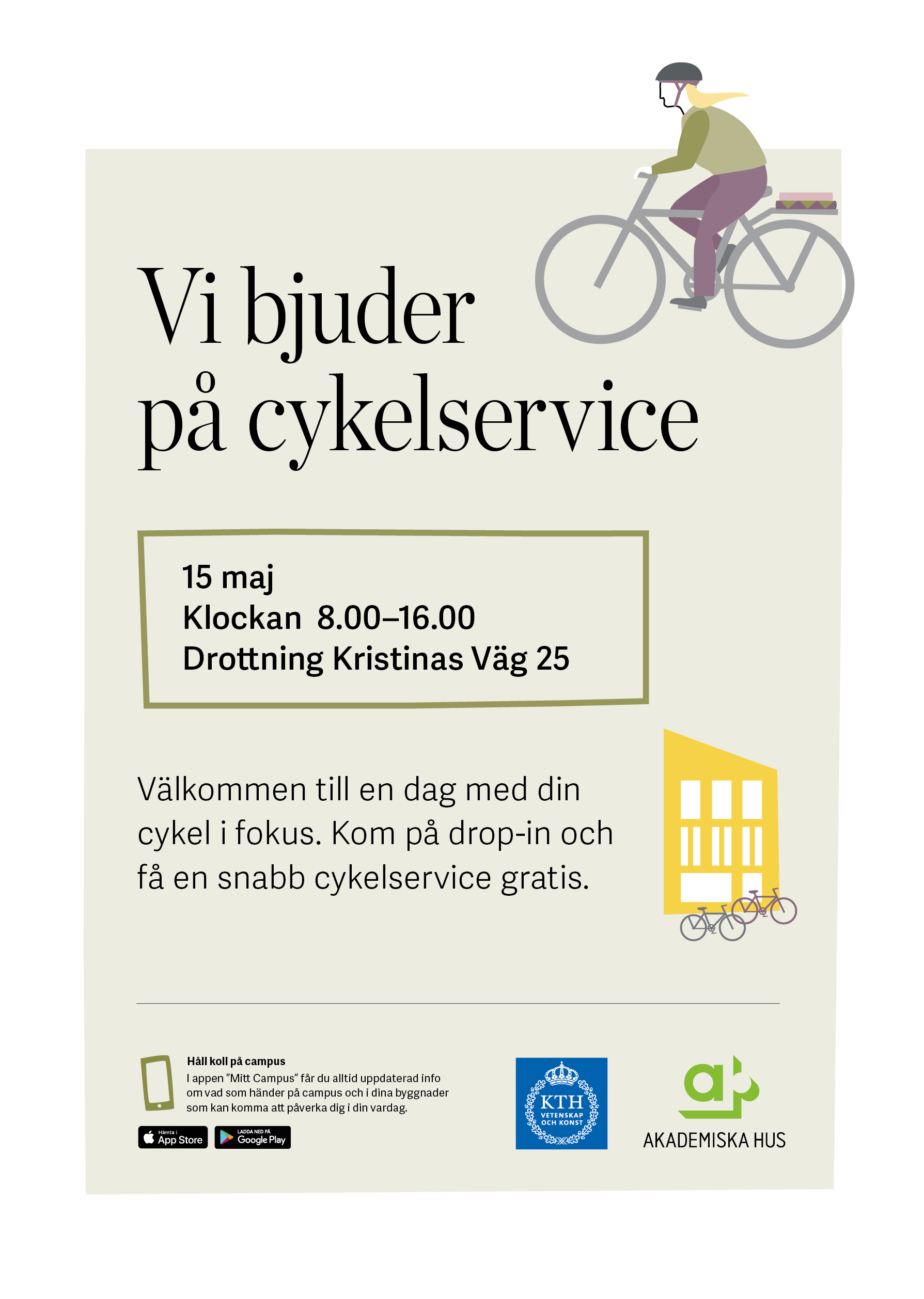 Grafiskt inbjudan til drop-in och gratis cykelservice den 15 maj på Drottning Kristinas väg 25