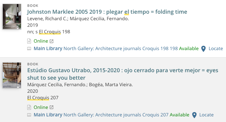 Screenshot of El Croquis posts in the library search tool Primo.