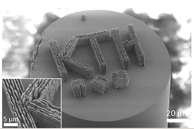 A microscopic 3D print of the letters, K, T, H, in silica glass on the tip of a cable.