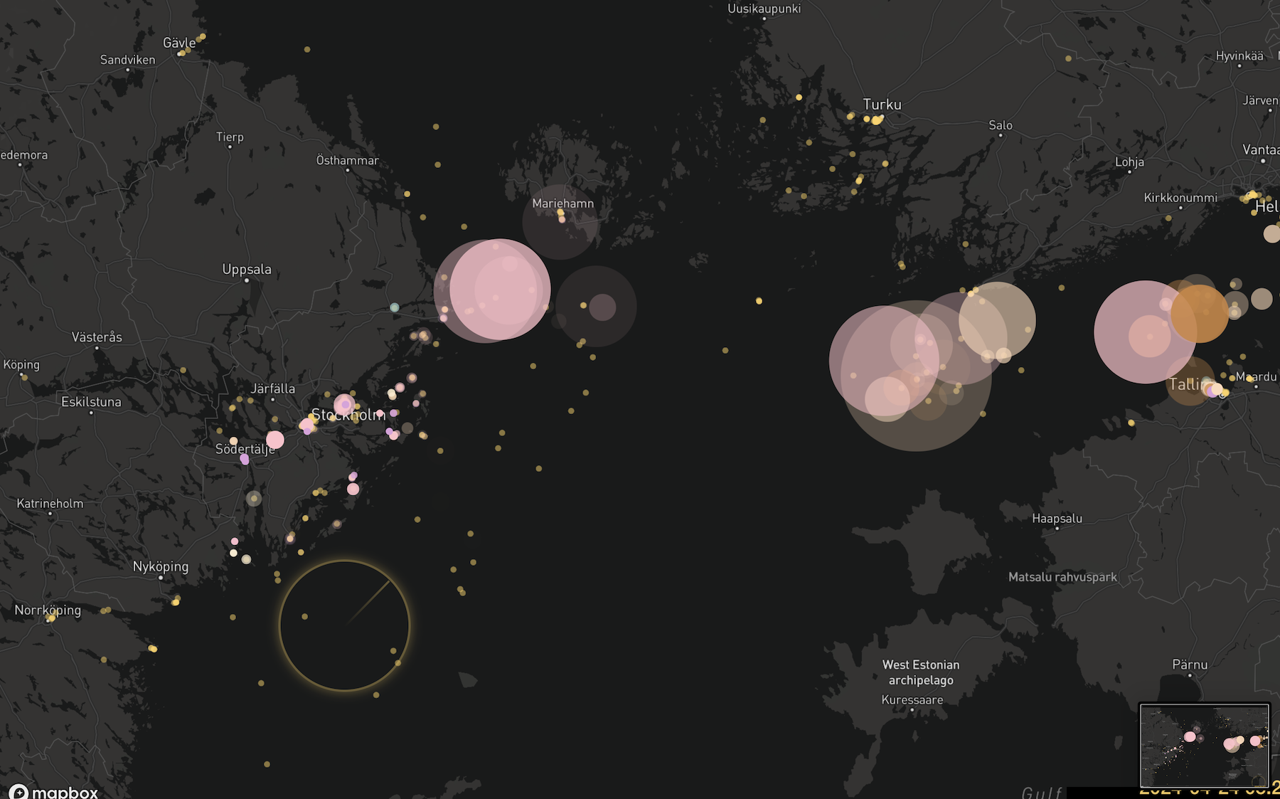 Interactive visualization and sonification of vessel traffic in the Baltic Sea. Graphic design: Axel