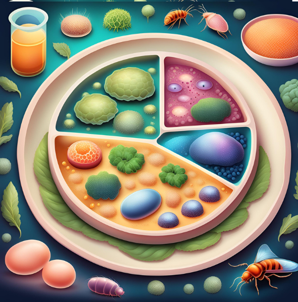 Canva's AI image- alternative proteins such as plants, insects, cellular agriculture becoming foods