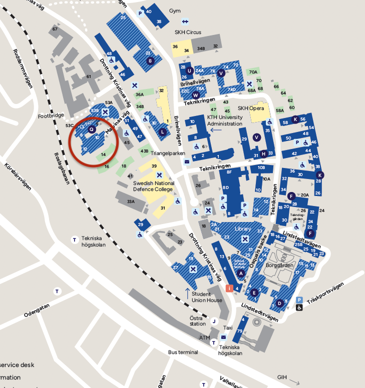 Karta av KTH Campus med MST inmarkerat.