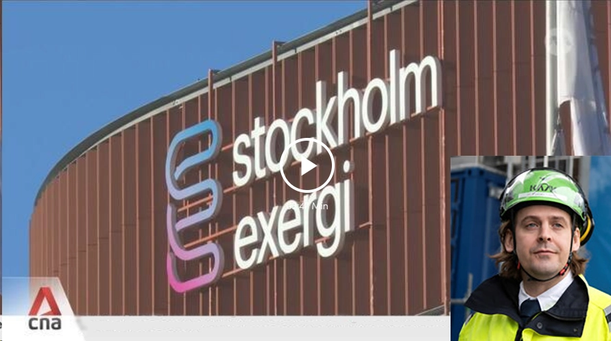 Fasad Stockholm Exergi med inklippt bild på Fabian Levihn