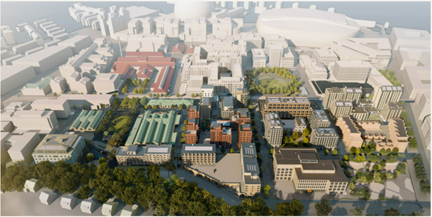3D vision image of the Slakthus area in 2030 with focus on stage 1 and adopted detailed plans.