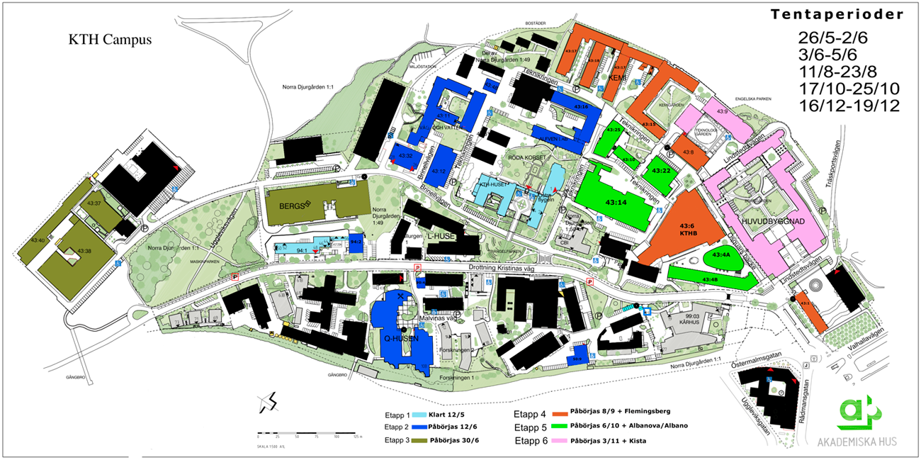 Map of KTH Campus with the buildings included in each phase of access card and PIN code requirement.