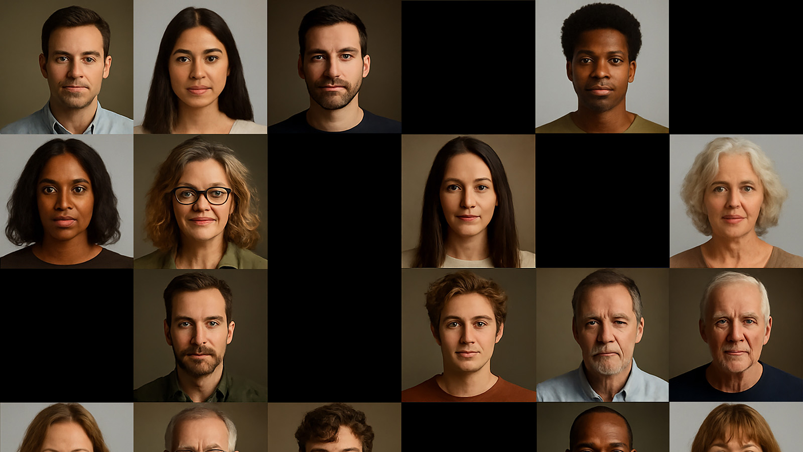 AI generated portraits in a grid with some missing