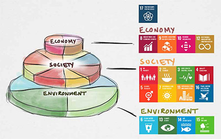 The SDGs in a model categorised under economic, social and environmental.