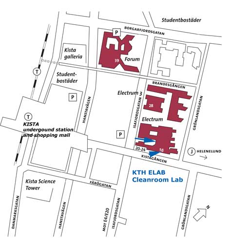 Map of Kista with the KTH Cleanroom marked in blue
