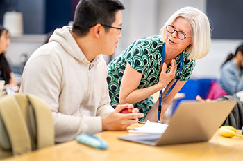 A librarian talking to a student. 