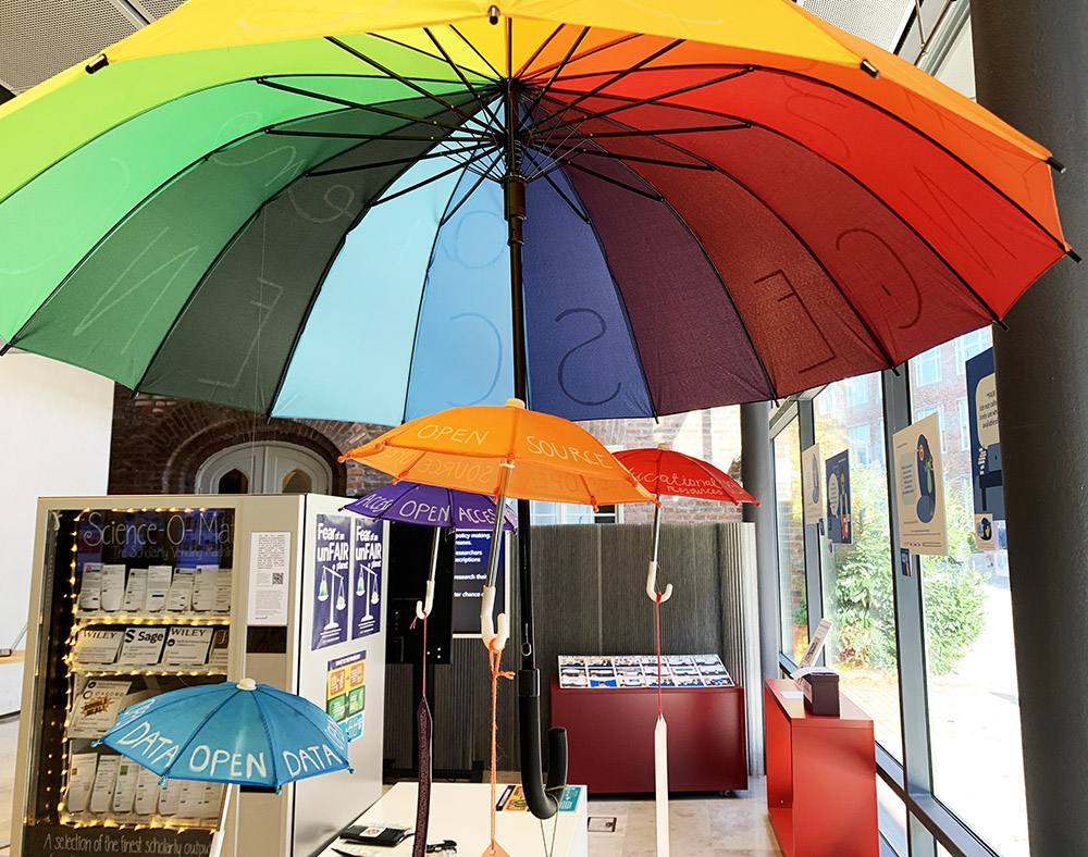 Folded umbrellas with notes about open access