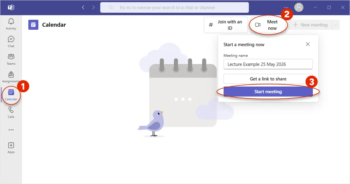 Screenshot of Microsoft Teams showing how to start a meeting